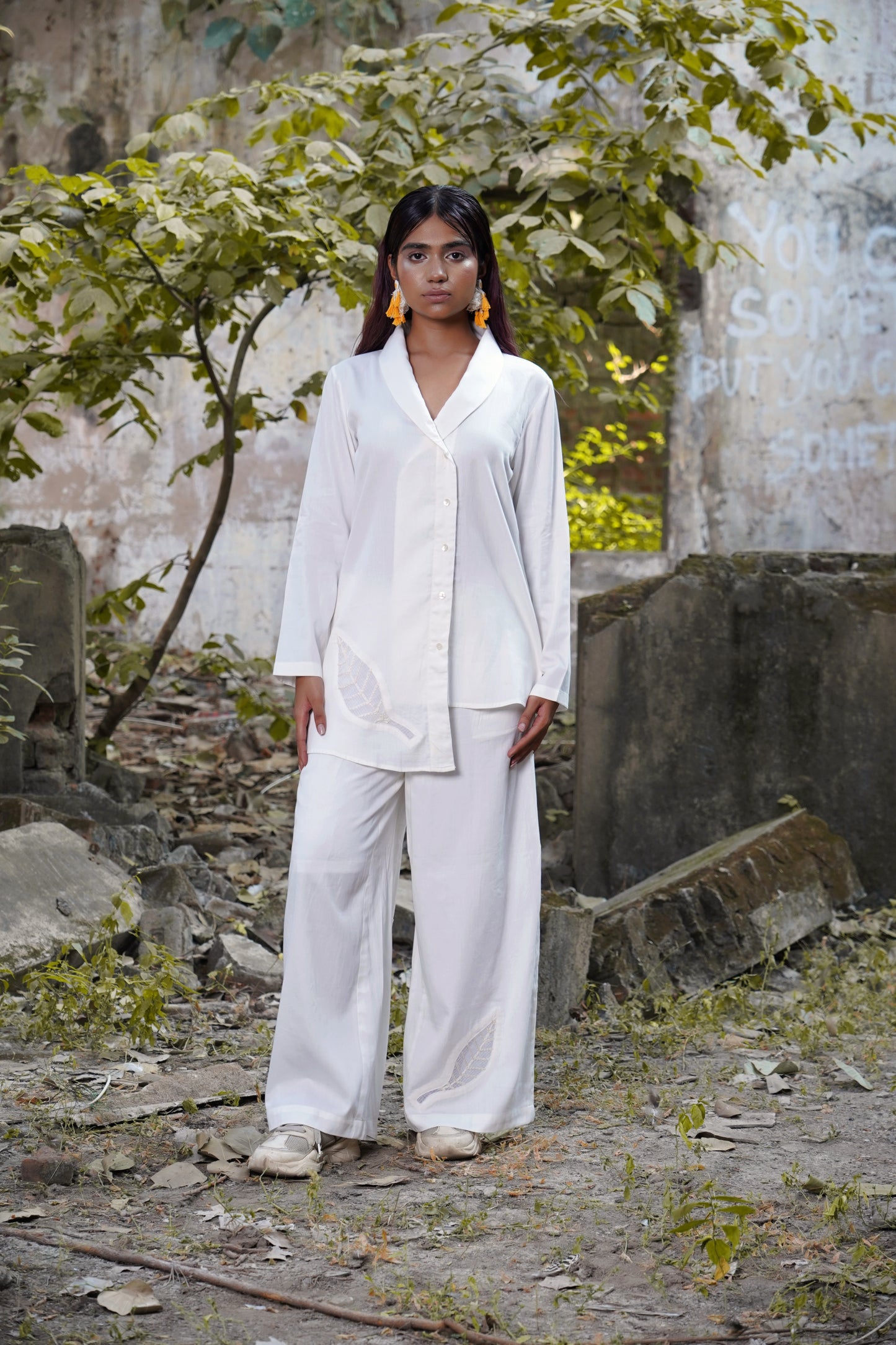 Whispering Foliage White Leaf Pants